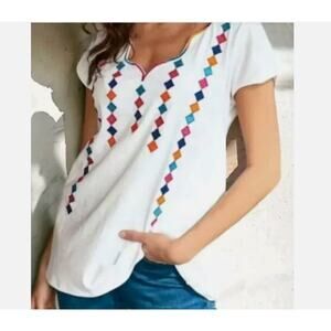 Soft Surroundings Byzantine Tee Medium Womens Embroidered V-Neck Cotton T-Shirt